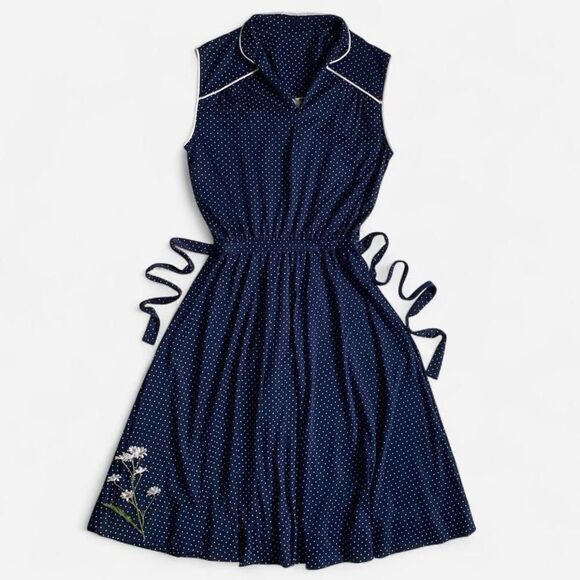 Vintage 70s navy polka dot sleeveless dress - Picture 1 of 7